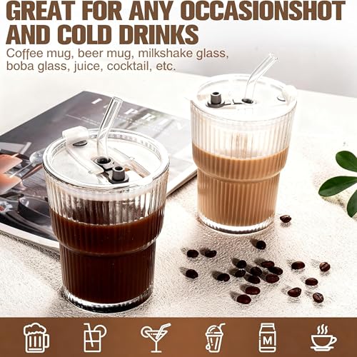 Image of Ribbed Glass Cups with Lids and Straw - 450ml, Set of 1, Iced Coffee Cups, Thickened Glassware Set, Ripple Design Glass Cups for Coffee, Soda, Smoothies, Cocktails and Juice