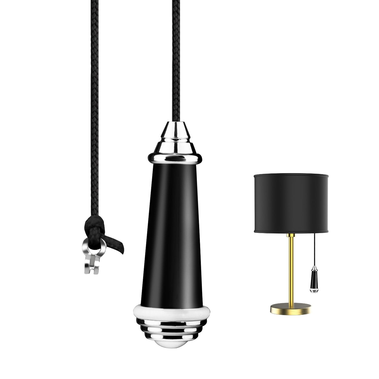 Ceramic Bathroom Light Pull Cord 8 * 2.7cm Pull Cord Handle with 150cm Nylon Pull String Extension Black Chrome Light Switch Pull Cord Handle for Bathroom Toilet Light Ceiling Light Fan Switch