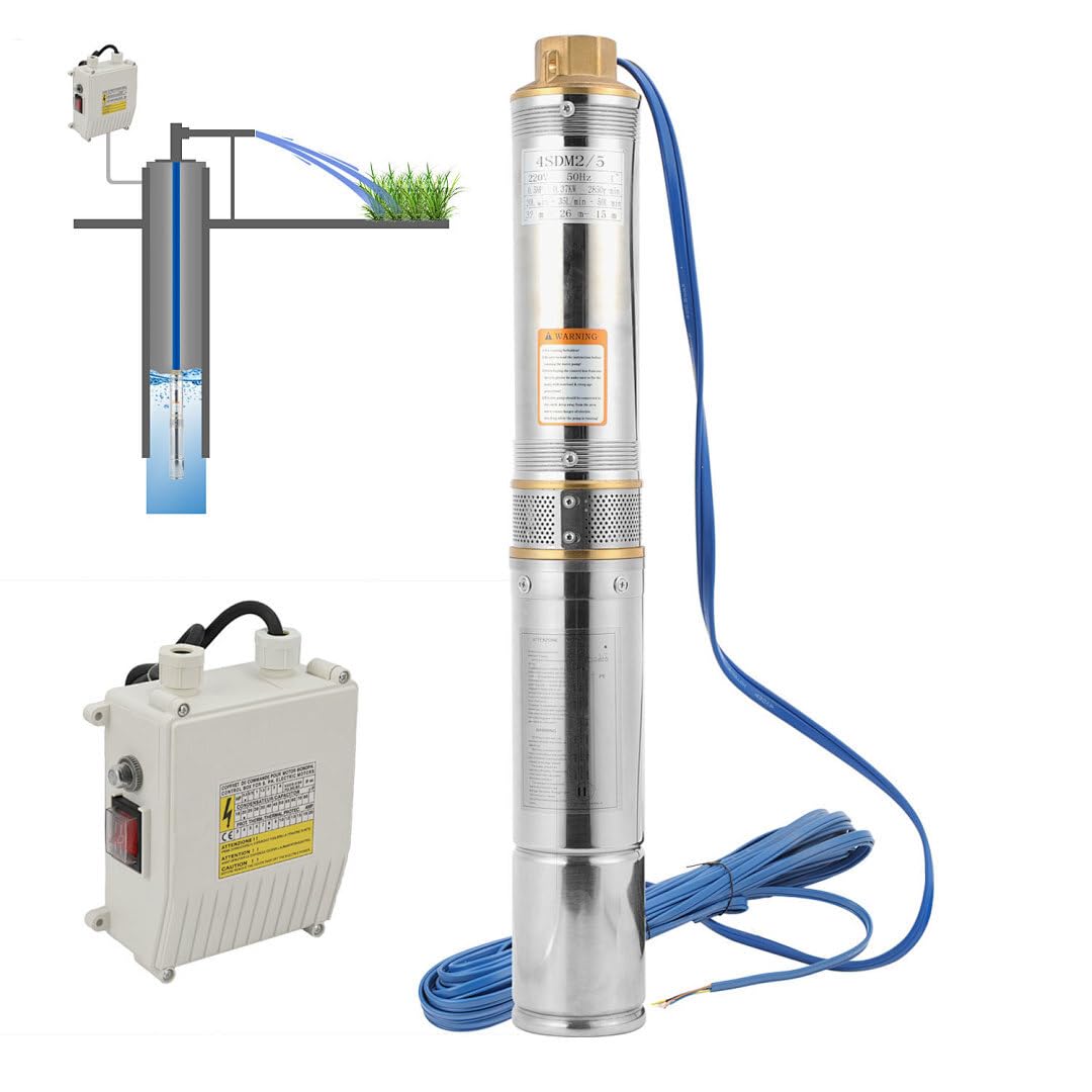 Pompe de puits immergée 750 W - 4 m³/h hauteur de refoulement 67 m - Pompe de puits en acier inoxydable + bec en laiton - Résistant au sable pour eau domestique et jardin - Avec boîtier de