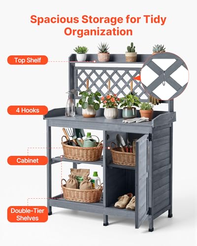 VEVOR Pflanztisch, Gärtnertisch Gartenarbeitstisch mit Unterschrank, Ablagefächern & Holzplatte, Gartenschrank, Blumentisch, Umtopftisch ideal für Terrasse, Garten & Balkon, Grau, 1100x460x1470 mm