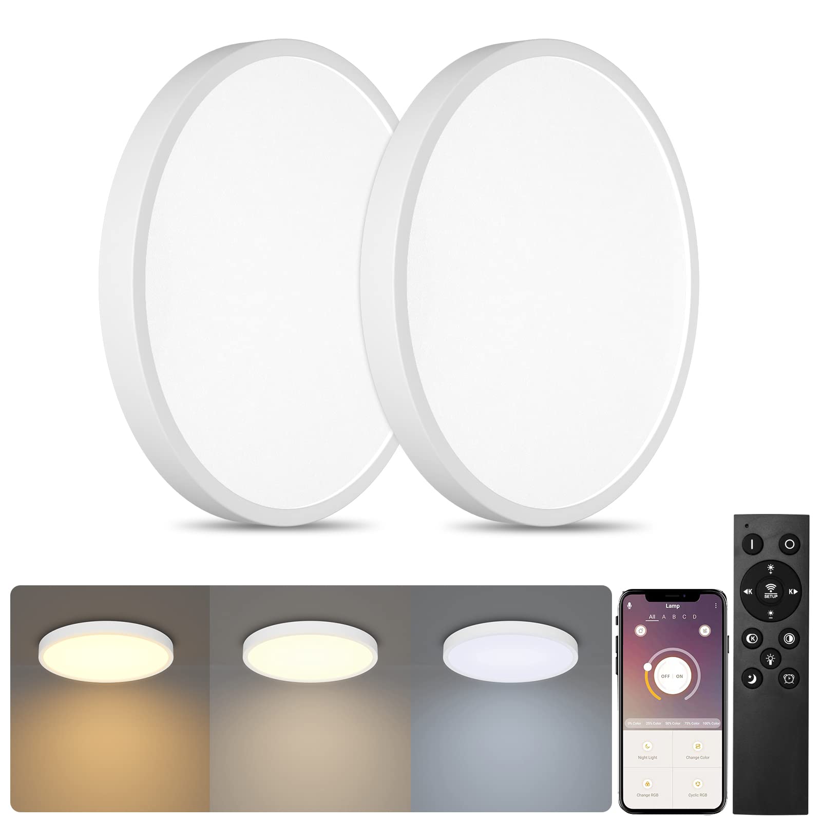 Klighten2 Pack Dimmable LED Ceiling Lamps 28W with Remote Control, Round White Ceiling Light with App, Modern Flush Ceiling Lighting for Bedrooms Kitchen, Ø30cm×H2cm, 2700K-6000K, 2520Lumen