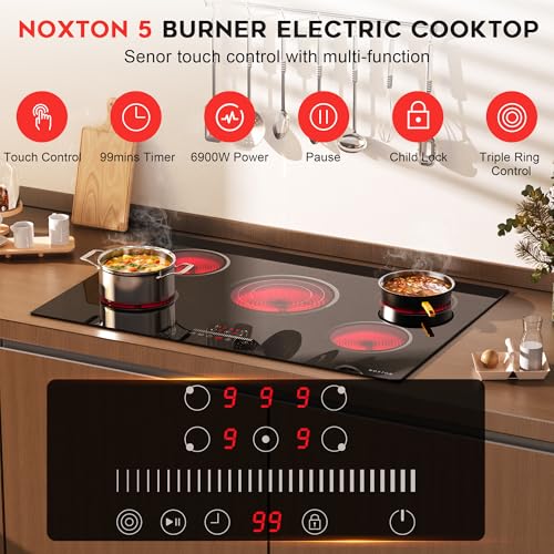 Image of Noxton Electric Cooktop 30 Inch Electric Stove 5 Burners, Built-in Ceramic Cooktop, 9 Heating Level, Pause, Timer, Child Safety Lock, Triple Ring, 220V Hardwire