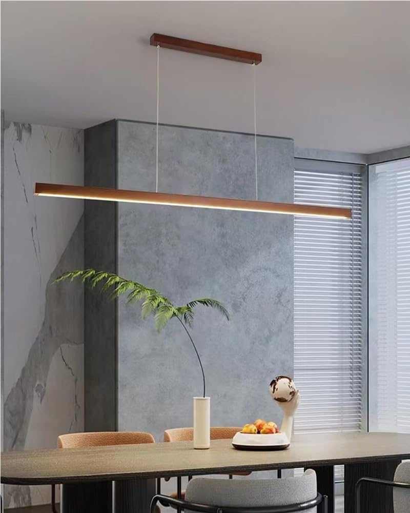Long Strip Pendant Lights Kitchen Island, Modern Linear Hanging Lamp Wood Dimmable LED Pendant Lighting for Dining Room Office(Walnut Wood,100cm/39.37in)