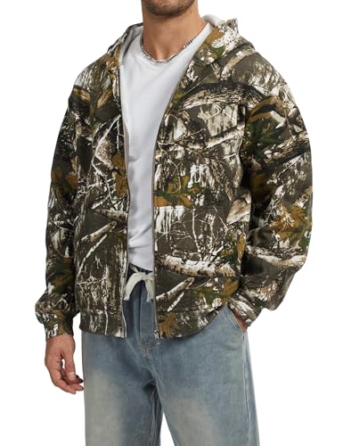 Camo Zip up Hoodie Men Full-Zip Fleece Hoodies Oversized Hooded Sweatshirts Maple Leaf Print Long Sleeve Sweatshirt