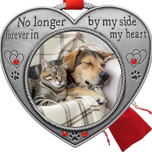Pet Memory Photo Christmas Ornament - No Longer by My Side Forever in My Heart - Engraved Jeweled - Heart Shaped Keepsake - Dog Loss - Gift Storage Bag Included - 3.5'