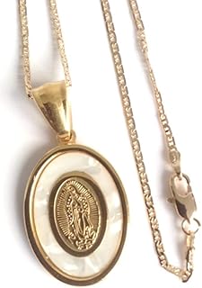Mother of Pearl Stainless Steel Virgen de Guadalupe Pendant Necklace Gold Plated 18k Chain 17.2 Inches