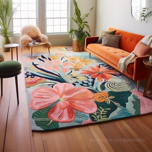 Image of Restoration and Renovation Handmade Wool Floral Area Rug for Living Room | Elegant Flower Garden Design, Soft, Thick and Durable | Bedroom, Dining Room & Home Decor Carpet (4' x 6', Floral D)