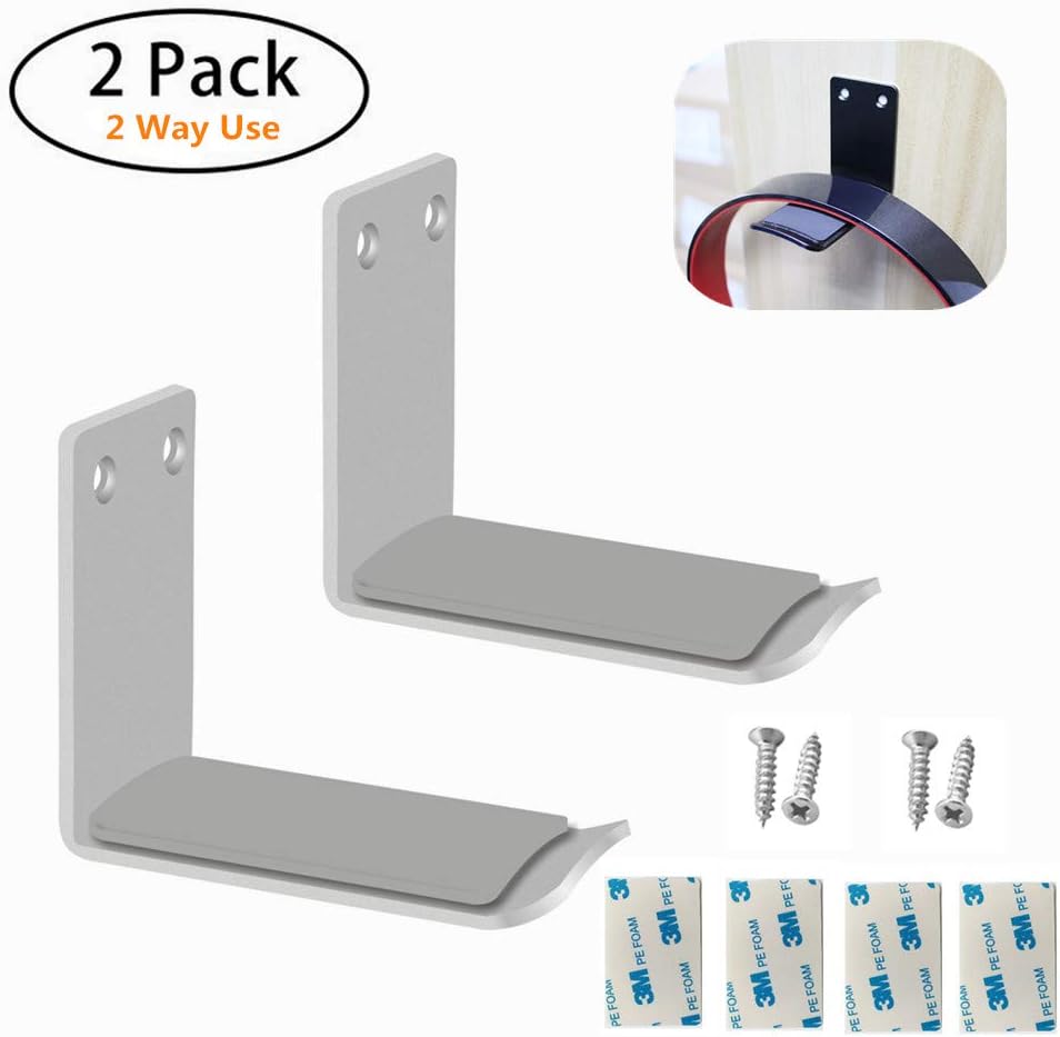 MeetRade Headphone Stand Holder Stick-On Adhesive Hooks Under-Desk Earphone Stand Headset Hanger Mount 2 Pack Aluminum Wallmount Hook Clamp Headphone Desk Hanger (Silver)