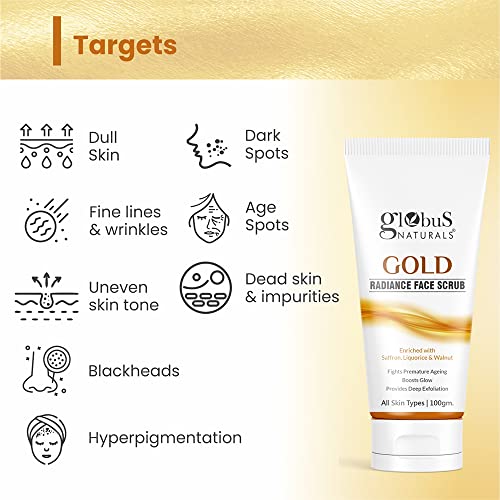Image of Globus Naturals Gold Radiance Anti Ageing & Brightening Face Scrub Enriched with Saffron, Liquorice & Walnut, 100 gms