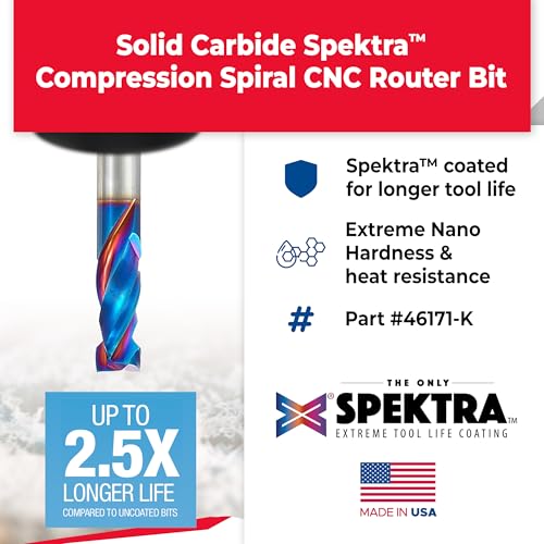 Image of Amana Tool Spektra Extreme Tool Life Coated CNC Compression Spiral Router Bit, 46171-K (Previous 46167), 3 /8 D x 7 /8 CH x 3 /8 Shk x 3 Inch L 2 Flute