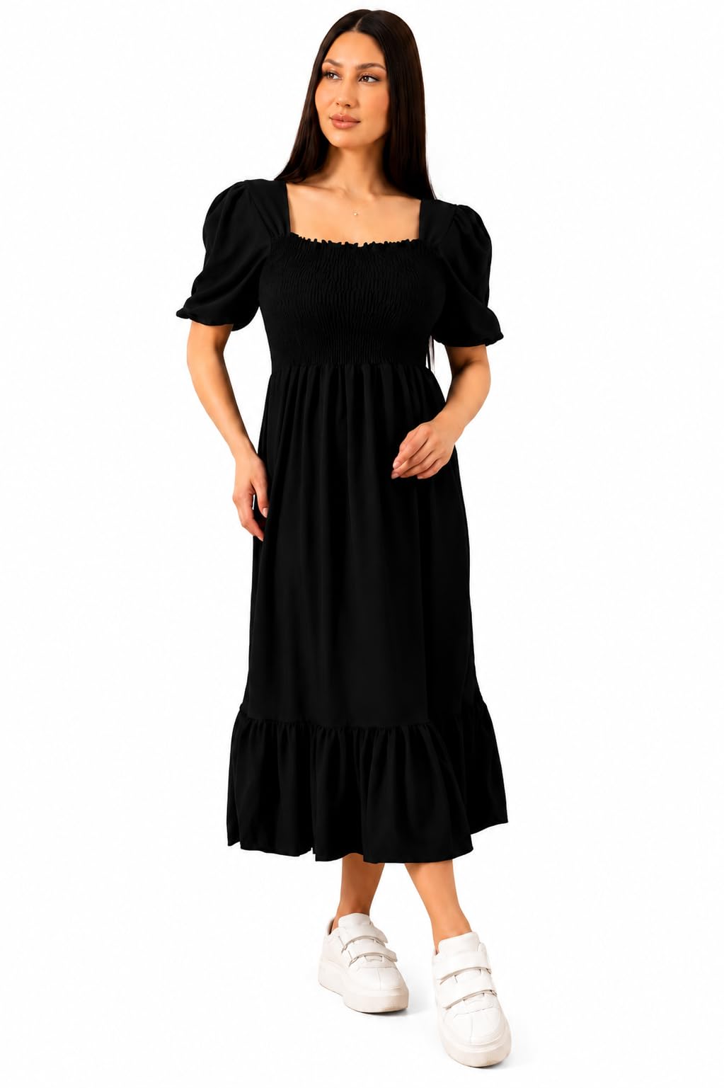 Women's Smocked Midi Dress with Puff Sleeves & Ruffle Hem-picture-53
