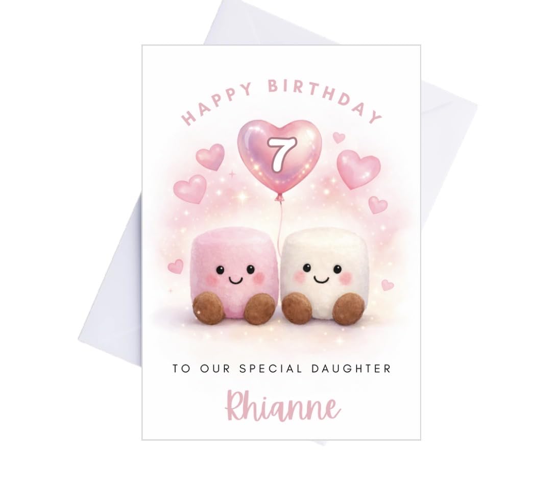 Fully Personalised Birthday Card Marshmallows – Any Age, Name & Message – Custom Front & Inside Text – Cute Marshmallow Design – Large A5 300gsm Matte Card with Envelope