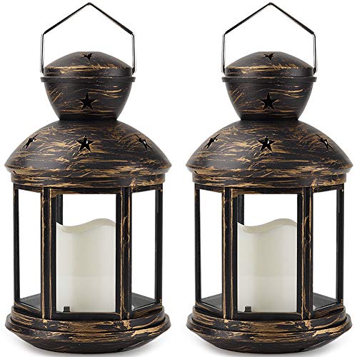 Bright Zeal 2-Pack Bronze Hexagon Decorative Lantern with LED Candle - LED Lanterns Battery Operated Decorative - Hanging Candle Lanterns Indoor - Outdoor Lanterns Decorative Vintage Lantern