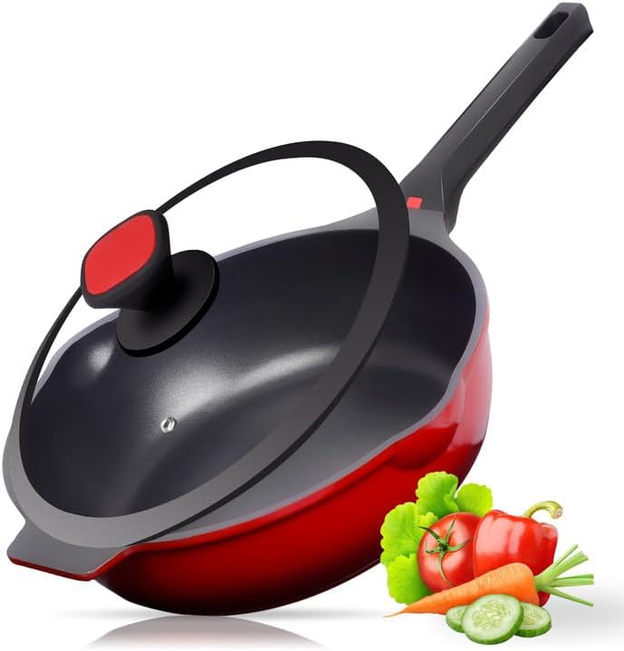 Sartén antiadherente profunda con tapa, sartén de 12 pulgadas5 cuartos de galón, sartén para saltear utensilios de cocina, compatible con inducción,