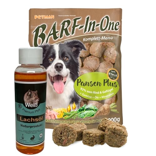 Petman Barf In One Pansen-Plus 3 x1000g VOLLNAHRUNG + Weiß Premium Lachsöl 100ml