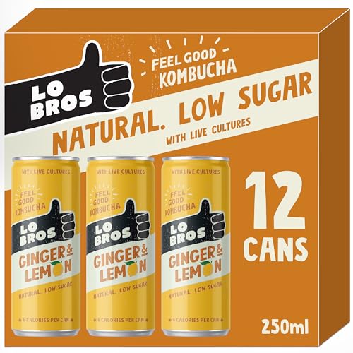 Lo Bros Kombucha - Ginger & Lemon - Sparkling Refreshing Drink with Natural Ingredients and Live Cultures Supports Gut Health Low Sugar Vegan Gluten Free- 12 x 250ml
