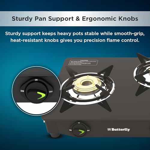 Image of Butterfly Bleu Ray 3 Burner Glass Top Gas Stove | Removable Drip Tray | Brass Burner Gas Stove with Tri‑Flow Jumbo Burner