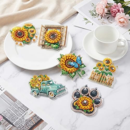 Image of PATPAT 6 Pcs DIY Sunflower Fridge Magnet Diamond Art Kit, 6-Designs Art Refrigerator Magnet Diamonds Paint Ornament Home Decor, Home Decorative Diamond Painting Kit for Kids & Adults