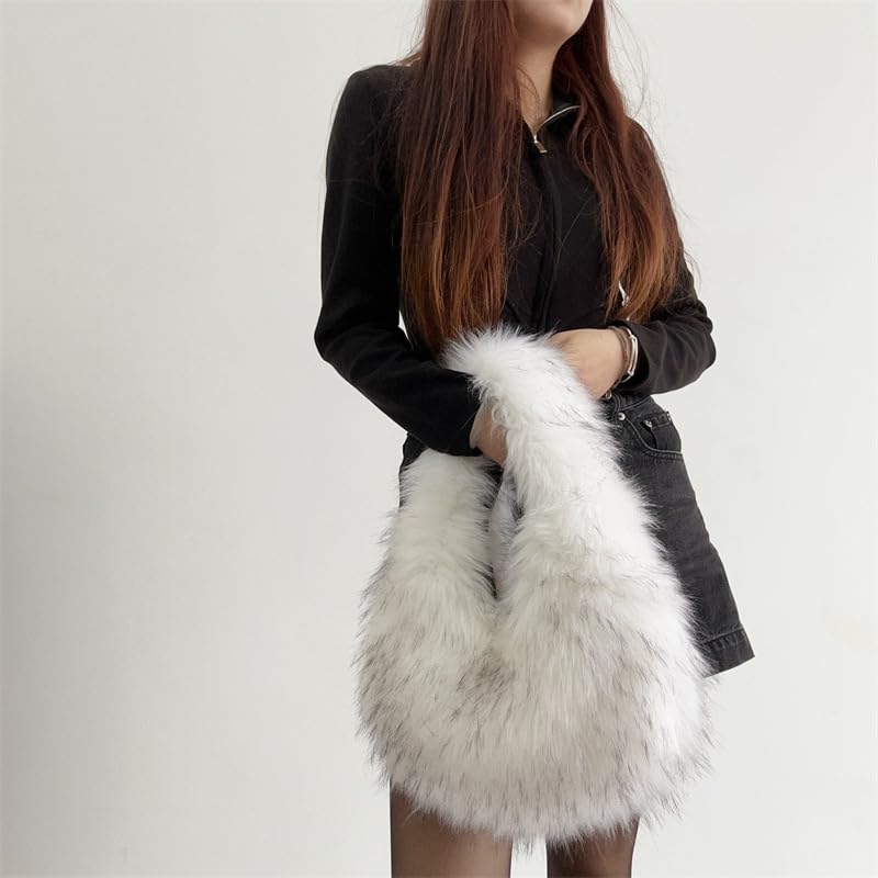 Image of Faux Fur Hobo Shoulder Bag for Women - Large Cute Fluffy Tote Plush Handbag Y2K Furry Purse