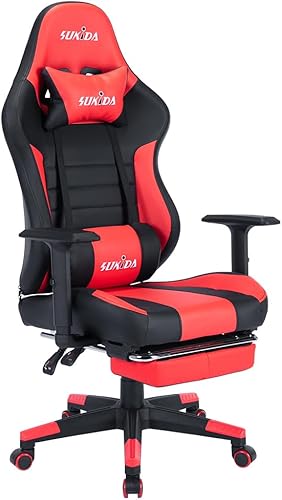 SUKIDA Red Gaming Chair with Foot Rest - Gamer Chairs for Adults, Computer Massage Lumbar Video Game Reclining Esports Ergonomic Adjustable Height