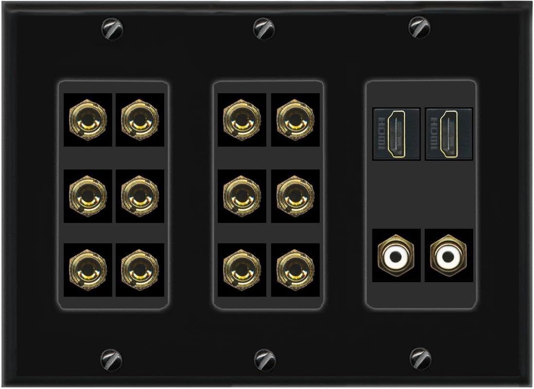 RiteAV 6.2 Surround Sound 6 Speaker 12 Banana Plug Jack Wall Plate w/ 2 RCA Subwoofer + 2 HDMI Female Connectors - 3 Gang [Black/Gray]