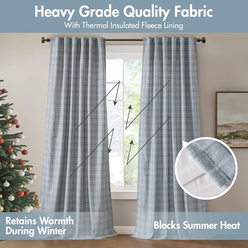 Image of Madison Park Anaheim Cabin Plaid Curtain Window, Thermal Insulated Fleece Lining, Living Room Decor Room Darkening Drape for Bedroom, 1-Single Panel Pack, 50x95, Rod Pocket & Back Tab, Denim Blue