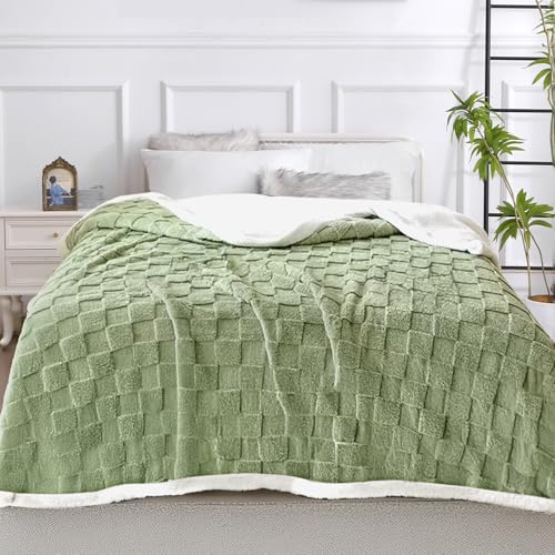 JML Sherpa Fleece Bed Blanket, Super Soft Checkered Decorative Bed Blanket, Lightweight Throw for Sofa Couch All Season Birthday Anniversary, 71x79 Inches, Green