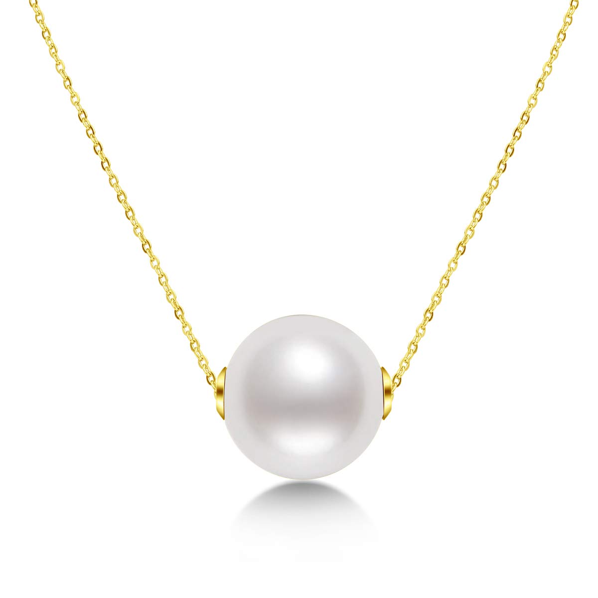18K Gold White Pearl Pendant Necklace 9.5-10mm Freshwater