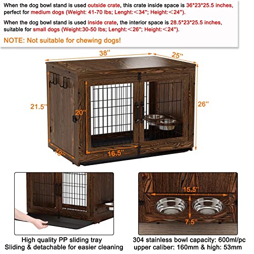 Piskyet Wooden Dog Crate Furniture With 360° Rotatable Removable Dog Bowls, Medium Dog Crate End Table With Tray, Dog Kennels Indoor For Small Dogs - Rustic Style, 38 Inch #TOP2