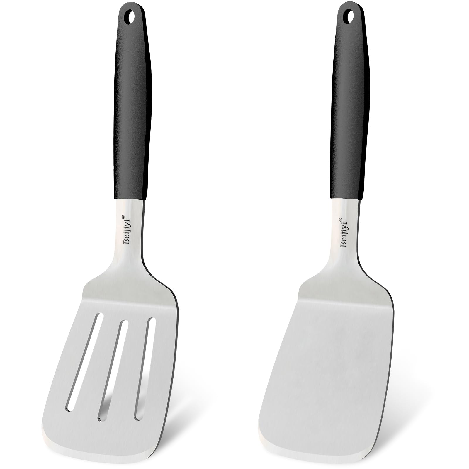 Beijiyi Stainless Steel Spatulas Set, Solid and Slotted Metal Turner Spatula for Cooking Cast Iron Skillet, Kitchen and Griddle Spatula with Full Tang Silicone Handle for Smash Burger, Pancake, Egg