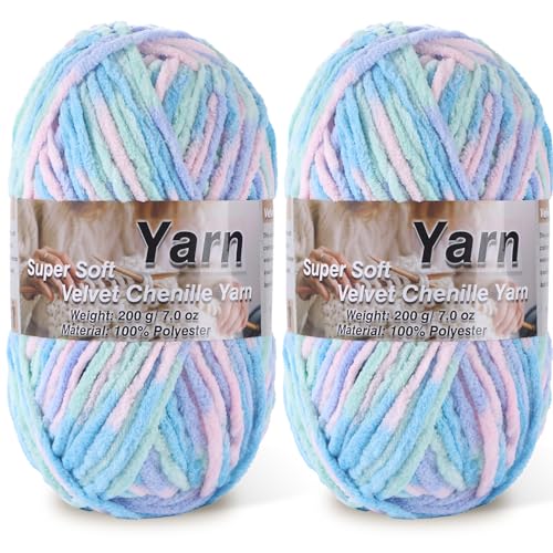 Image of 2 * 200g /7oz Chunky Chenille Yarn for Baby Blanket Yarn for Crocheting - Super Soft Chenille Plush Yarn - Bulk Thick Yarns Used for Making Scarves, Blankets, DIY Craft (Candy Color)