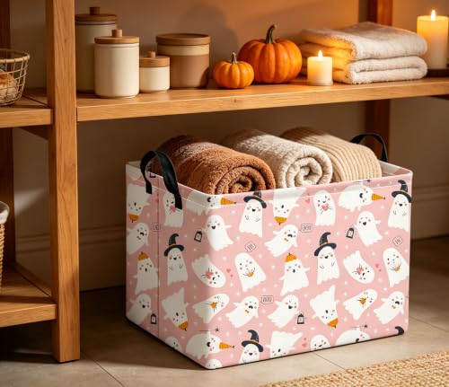 Image of Rectangular Halloween Basket for Boys and Girls Kids Trick or Treat Pumpkin Basket for Halloween Parties Cute Storage Bin Organizer Box Room Decor(Pink Ghost)