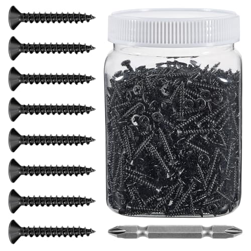 1000個 ブラック木ネジ、#6X 1 木製ネジ、クロスドライブ付き キャビネット、ワードローブ、テーブル、椅子、家具の組み立て、家の装飾、DIYの取り組みに。