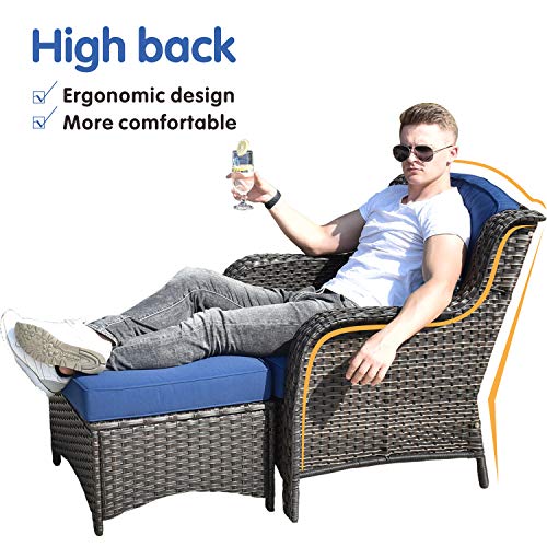 XIZZI Patio Furniture Outdoor Conversation Set All Weather Wicker 6 Pieces High Back Sofa with Coffee Table and Ottomans,Brown Wicker Navy Blue - Image 3