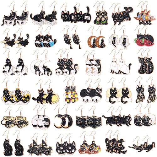 Nosiny 36 Pairs Funny Earrings Bulk for Women Pickle Black Cat Dangle Drop Earrings Studs Cute Weird Funny Jewelry Set Gifts(Black Cat)