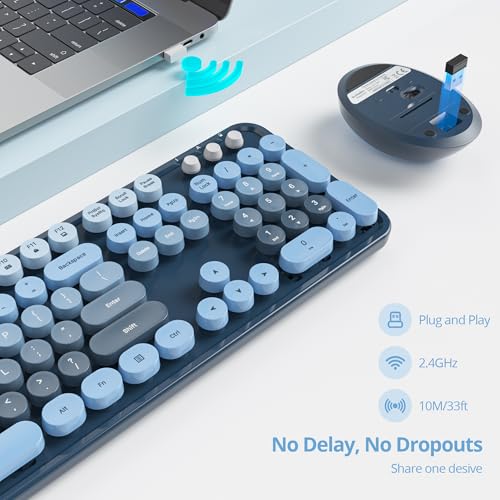 Image of Owpkeenthy Retro Keyboard and Mouse Wireless, Cute Colorful Keyboard with Retro Typewriter Style Full-Sized with Number Pad Round Keys for Desktop, Laptop and Computerr (Gradient Blue)