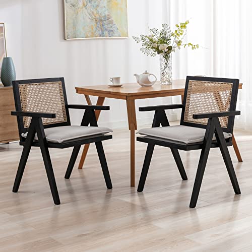 Zhenghao Mid Century Modern Dining Chairs, Accent Rattan Armchair With Cane Back Upholstered Linen Kitchen Chairs With Solid Black Legs For Dining Room, Set Of 2, Black Beige #TOP20