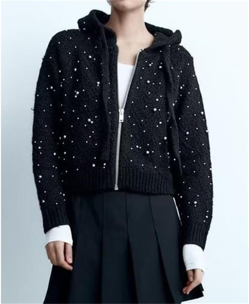 Street Fall and Winter Women's Loose Rivet Decorated Knit Hooded Sweatshirt