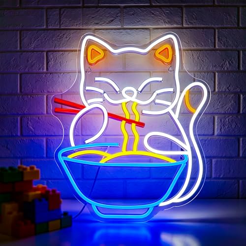 Image of Cat Ramen Neon Sign for Wall Decor Led Neon Lights Cat Ramen Light Up Signs for Birthday Party Club Gift