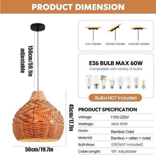 WISHVYQ Woven Pendant Lights, 15.8/19.7” Rustic Rattan Hanging Lamp Adjustable Handwoven Basket Shade, Wicker Coastal Retro Light Fixtures for Hallway Entryway Kitchen Island Dining Room - Image 2