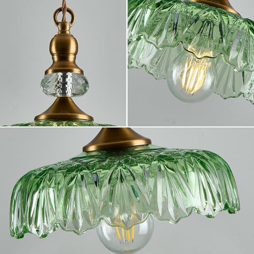 Image of CVKASH Vintage Glass Pendant Light Fixture Green Adjustable Chandelier Modern Gold Hanging Ceiling Light for Farmhouse Dining Room Living Room Bedroom Entryway Kitchen Island