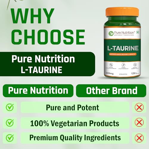 Image of Pure Nutrition L-Taurine 500mg - 120 Veg Capsules | Amino Acid Supplement for Athletic Performance, Muscle Recovery, Cognitive & Heart Health