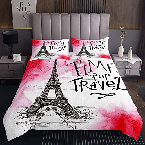 Set copriletto trapuntato con Torre Eiffel per ragazze Chic Parigi a tema Trapuntato copriletto carino Parigi paesaggio urbano trapuntato adolescenti viaggio francese taglia singola con 1 f170X230cm