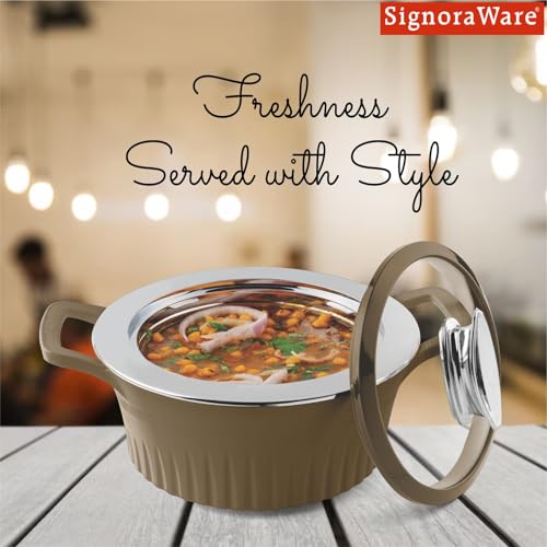 Image of SignoraWare Master Lock BPA Free Plastic Casserole | Inner Stainless Steel With Borosilicate Glass Lid | Perfect for Home, Kitchen & Gifting | Ideal for Storing & Serving Hot Meals (2 Ltr | Brown)