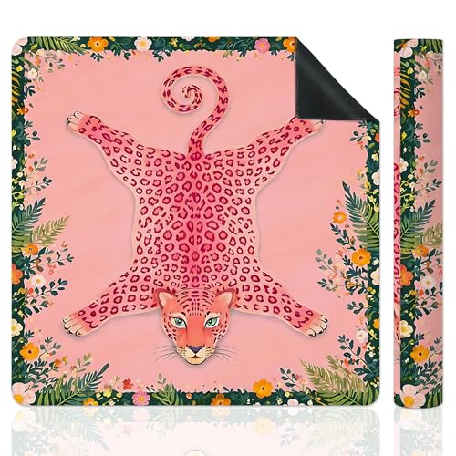 OJMFHEGEE Hot Pink Leopard Mahjong Mat for Table, Maximalist Funky Y2K Floral Cheetah Print 31.5" x 31.5" Non-Slip & Noise Reduction Mahjong Mat for Poker Dominoes Cards & Board Games
