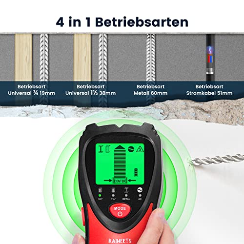 Foto von KAIWEETS Leitungssuchgerät Ortungsgerät, KES01 5 in 1 Leitungssucher Multifunktional mit Kalibrierungsalarm, Wand Scanner Detektor Stud Finde Eisenmetalle, Nichteisenmetalle, Kabel, Holz