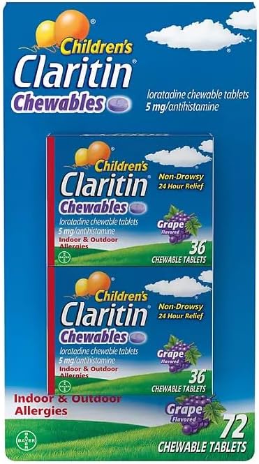 ClaritinChildren's Chewable 5 mg, 70 Count Grape Chewable Tablets, 24 Hour Non-Drowsy, Indoor & Outdoor Allergy Relief