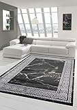 Allergikerfreundlich Teppich Wohnzimmer Marmor Optik mit klassischer Bordüre in schwarz Silber Größe 80x150 cm