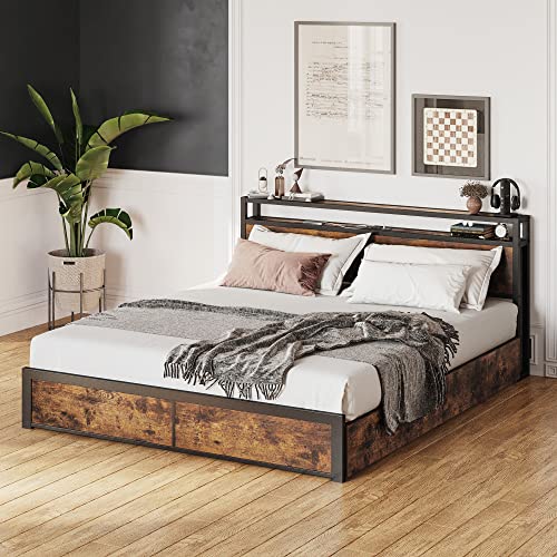Likimio Queen Bed Frame With Storage Drawer, 2-Tier Storage Headboard With Charging Station, No Box Spring Needed, Easy Assembly, Vintage Brown #TOP7