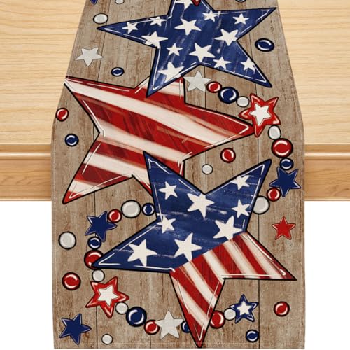 4th of July Table Runner, Wood Stars Patriotic Runner Memorial Day Kitchen Dining Table Decoration for Home Party Decor 13x72 Inch